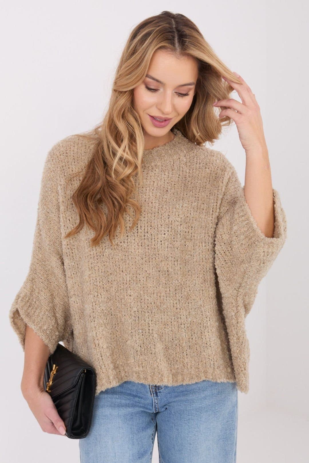 Love Lace Love Lace Women's Boucle Loose Sweater 3/4 Sleeve in Beige