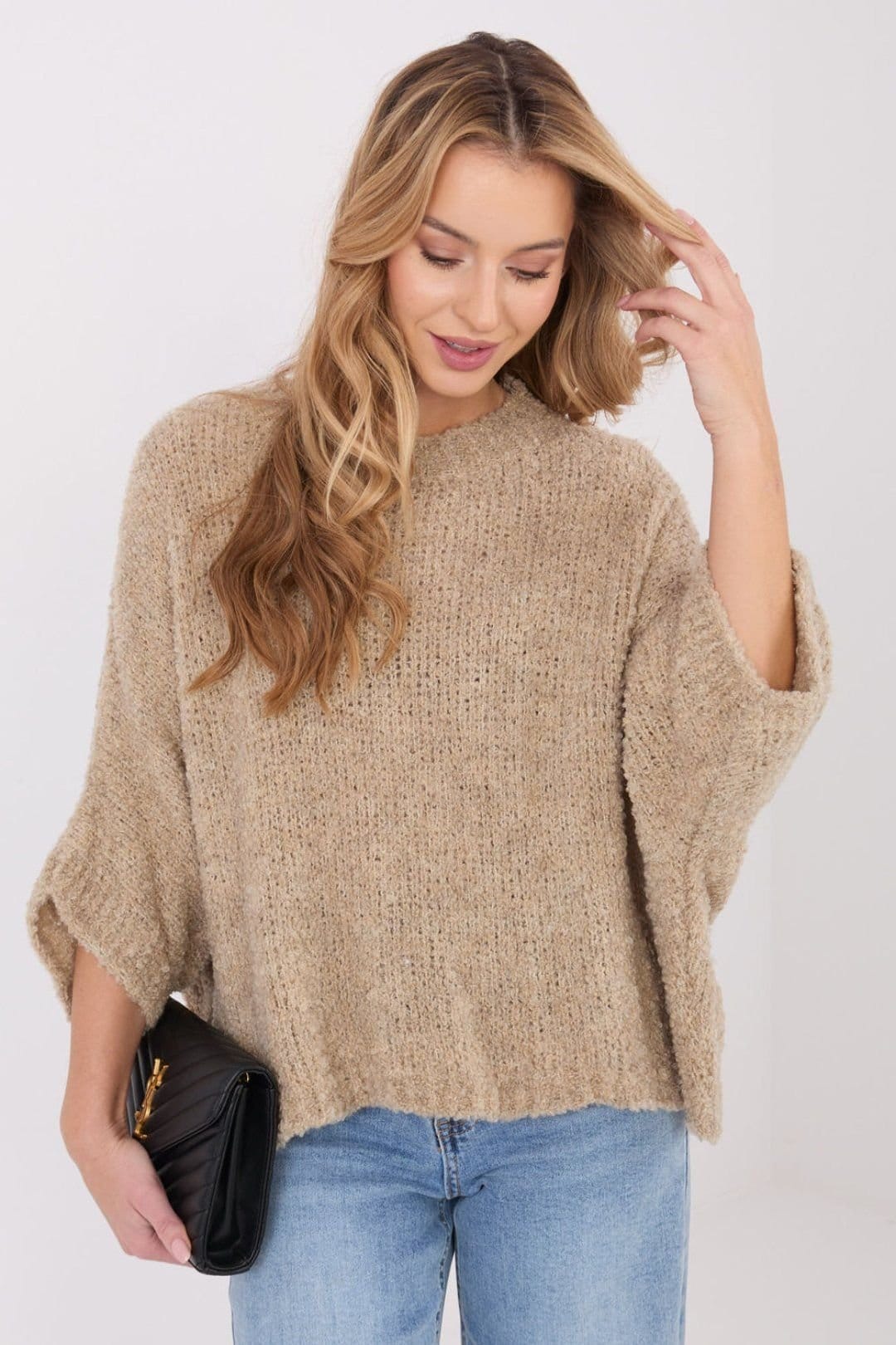 Love Lace Beige Boucle Loose Sweater 3/4 Sleeve