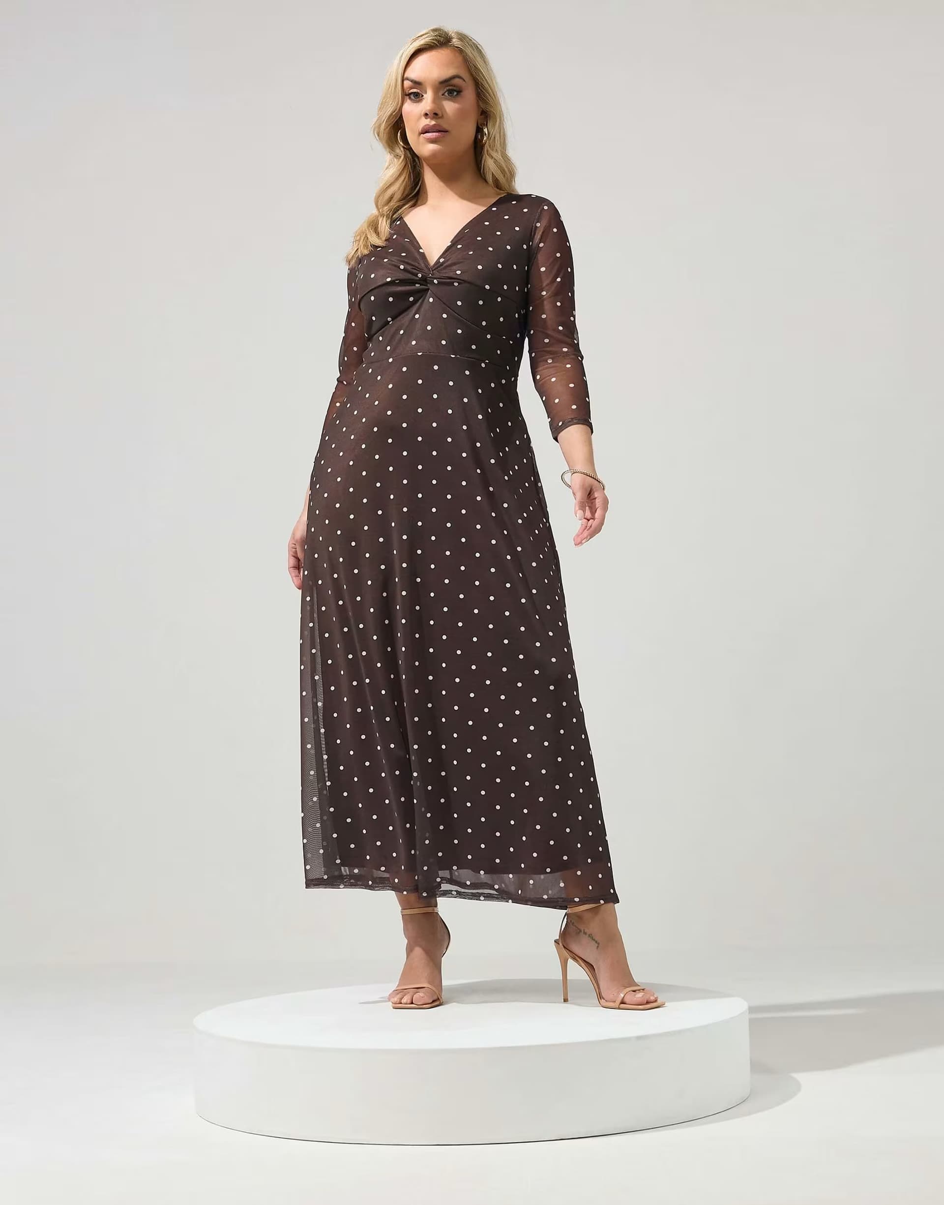 ASOS Yours Clothing Polka dot knot front dress in brown