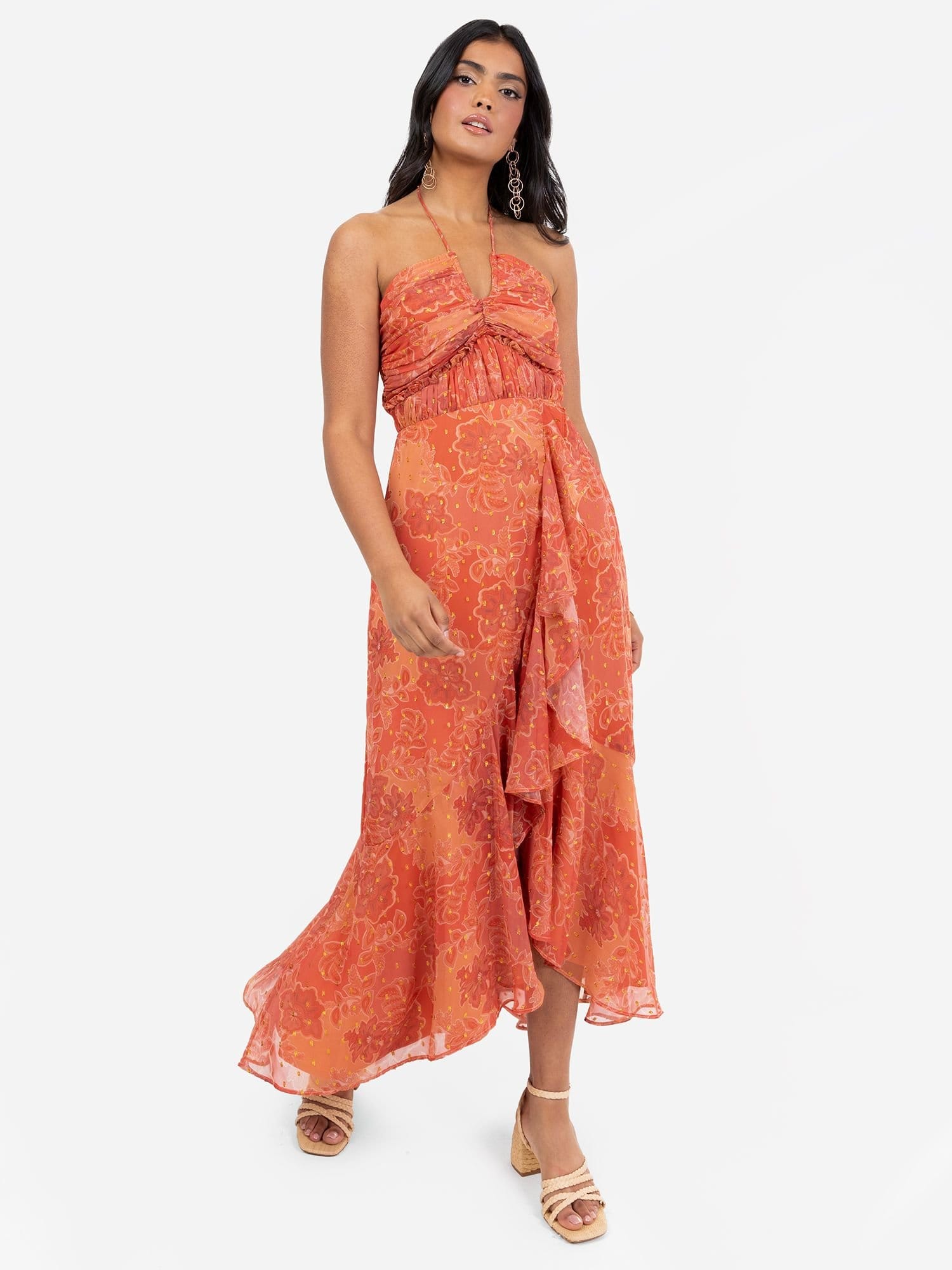 Anaya with Love Orange Floral Print Halter Midi Dress