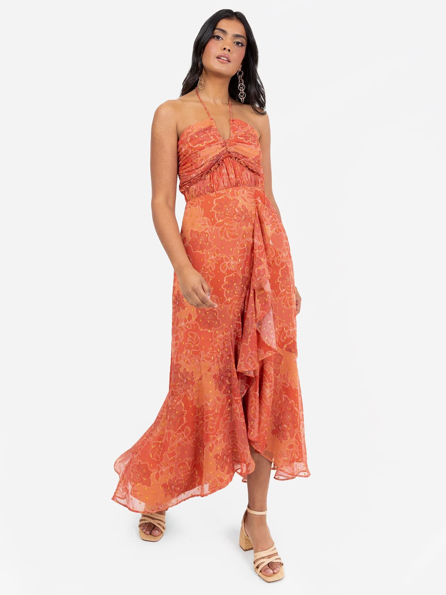 Anaya with Love Anaya with Love Women's Halter Neck Floral Print Midaxi Dress in Orange