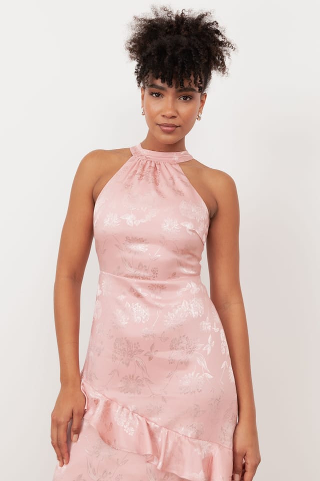 Maya Deluxe Maya Deluxe Women's Floral Jacquard Satin Halter Neck Maxi Dress in Light Pink - 3