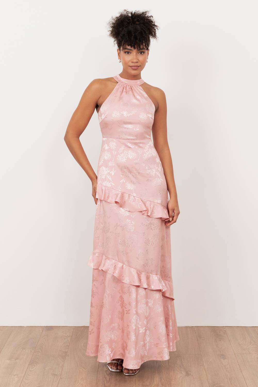 Maya Deluxe Maya Deluxe Women's Floral Jacquard Satin Halter Neck Maxi Dress in Light Pink - 4