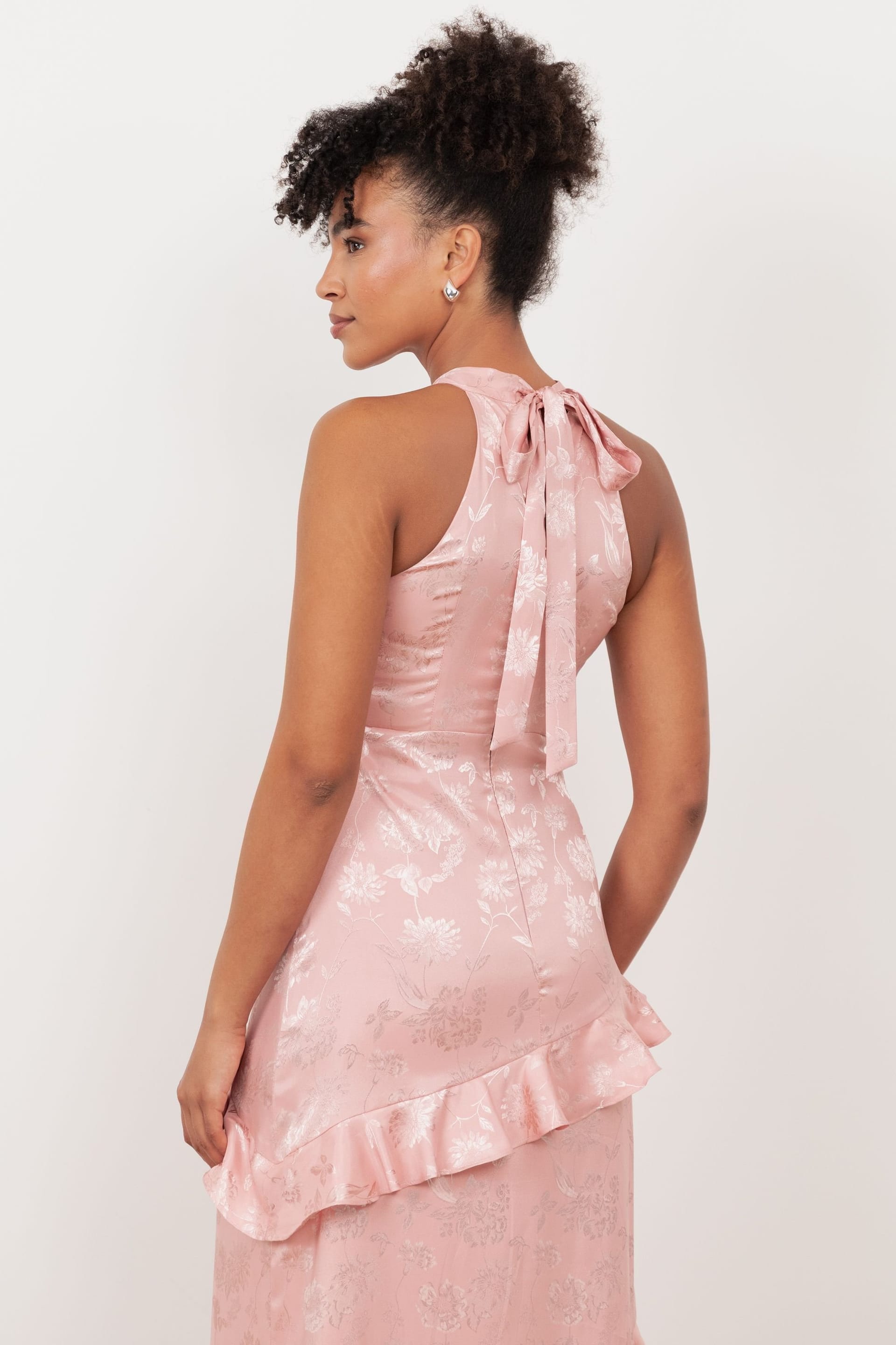 Maya Deluxe Maya Deluxe Women's Floral Jacquard Satin Halter Neck Maxi Dress in Light Pink - 4