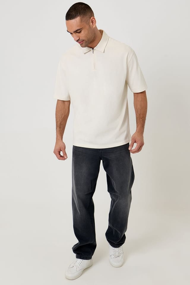 Threadbare Threadbare Men's Oversized Quarter Zip Polo Shirt in Natural - 3