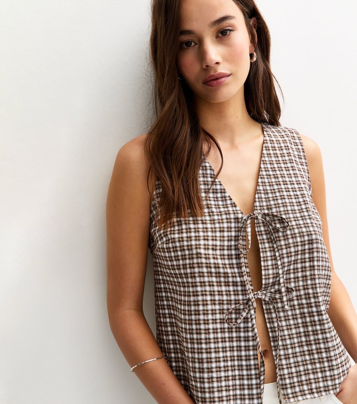 New Look Women's Black Textured Check Pattern Tie Front Top New Look