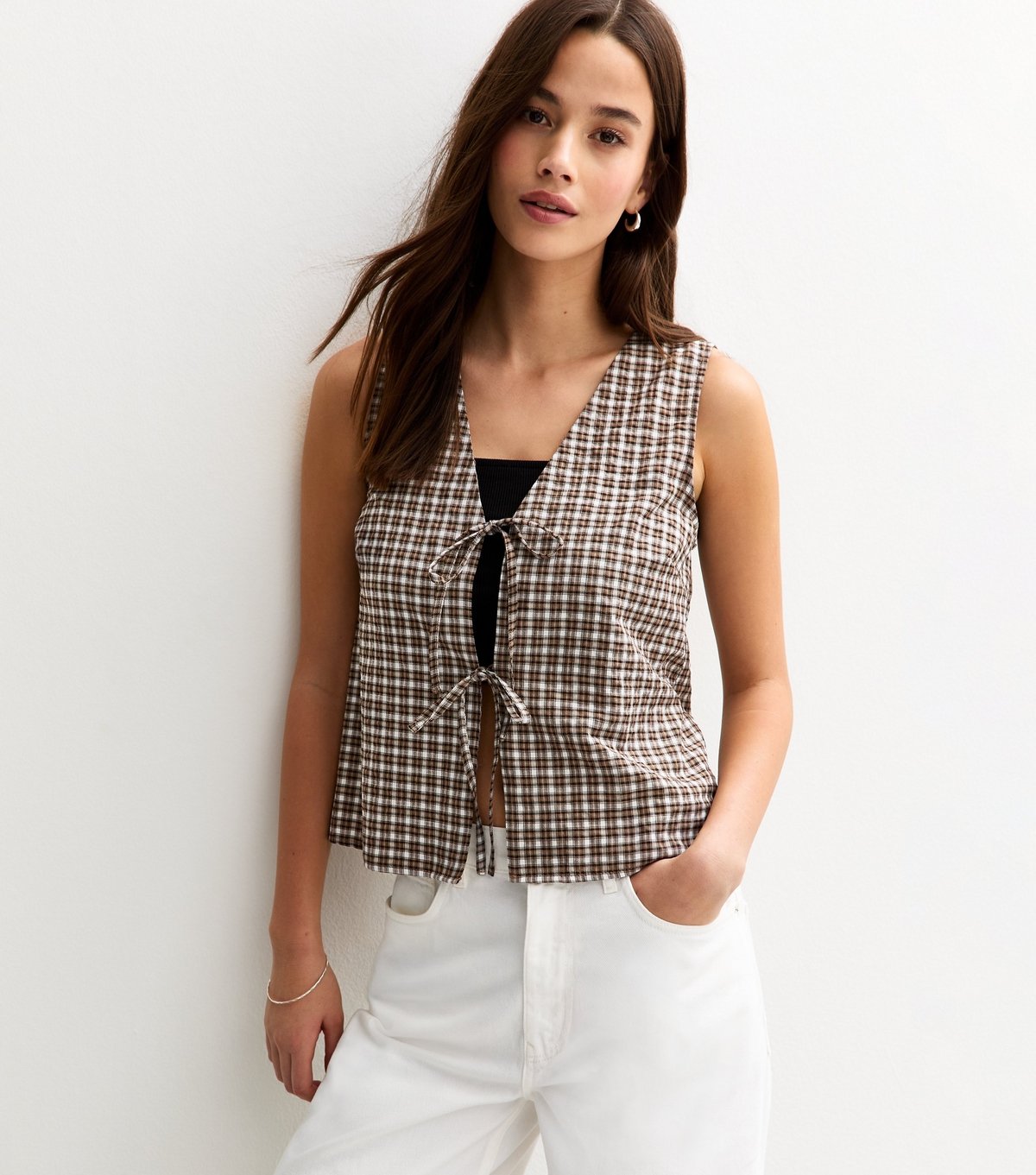 New Look Women's Black Textured Check Pattern Tie Front Top New Look - 2