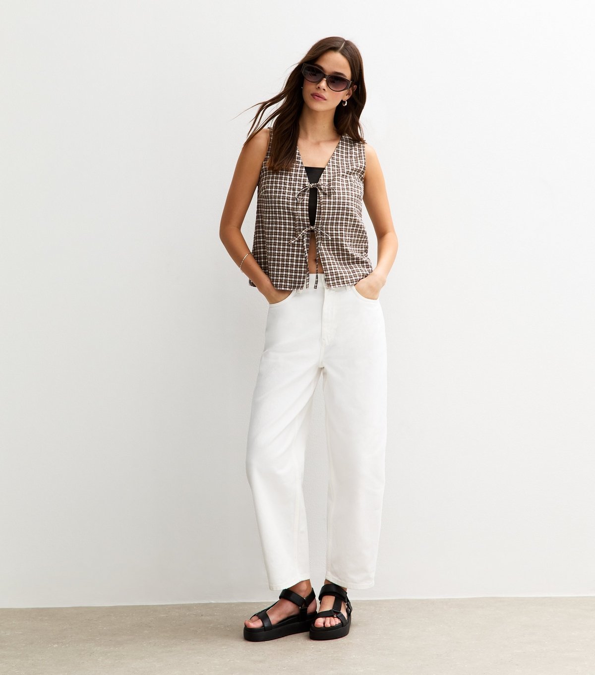 New Look Women's Black Textured Check Pattern Tie Front Top New Look - 3