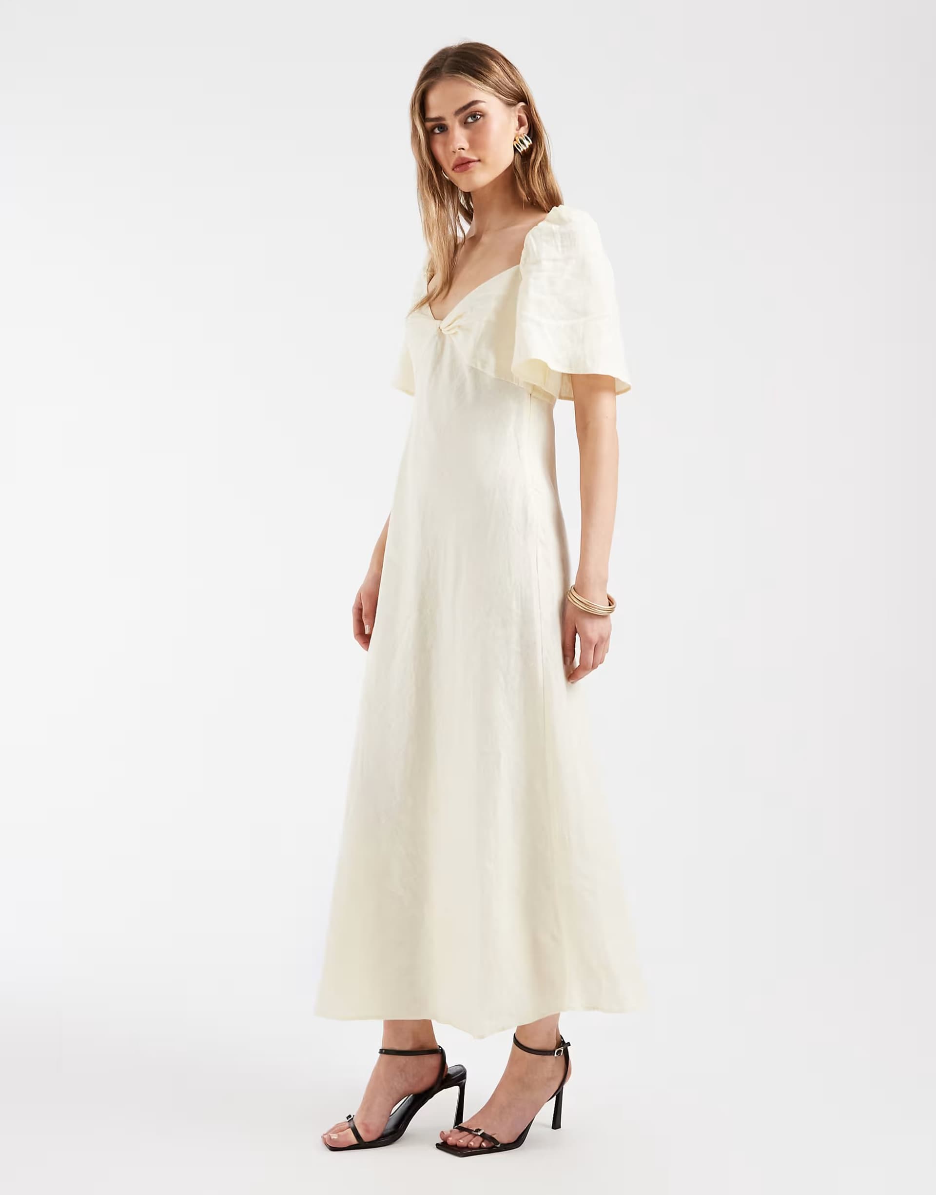 ASOS & Other Stories linen puff sleeve midaxi dress with twist sweetheart neckline in butter yellow