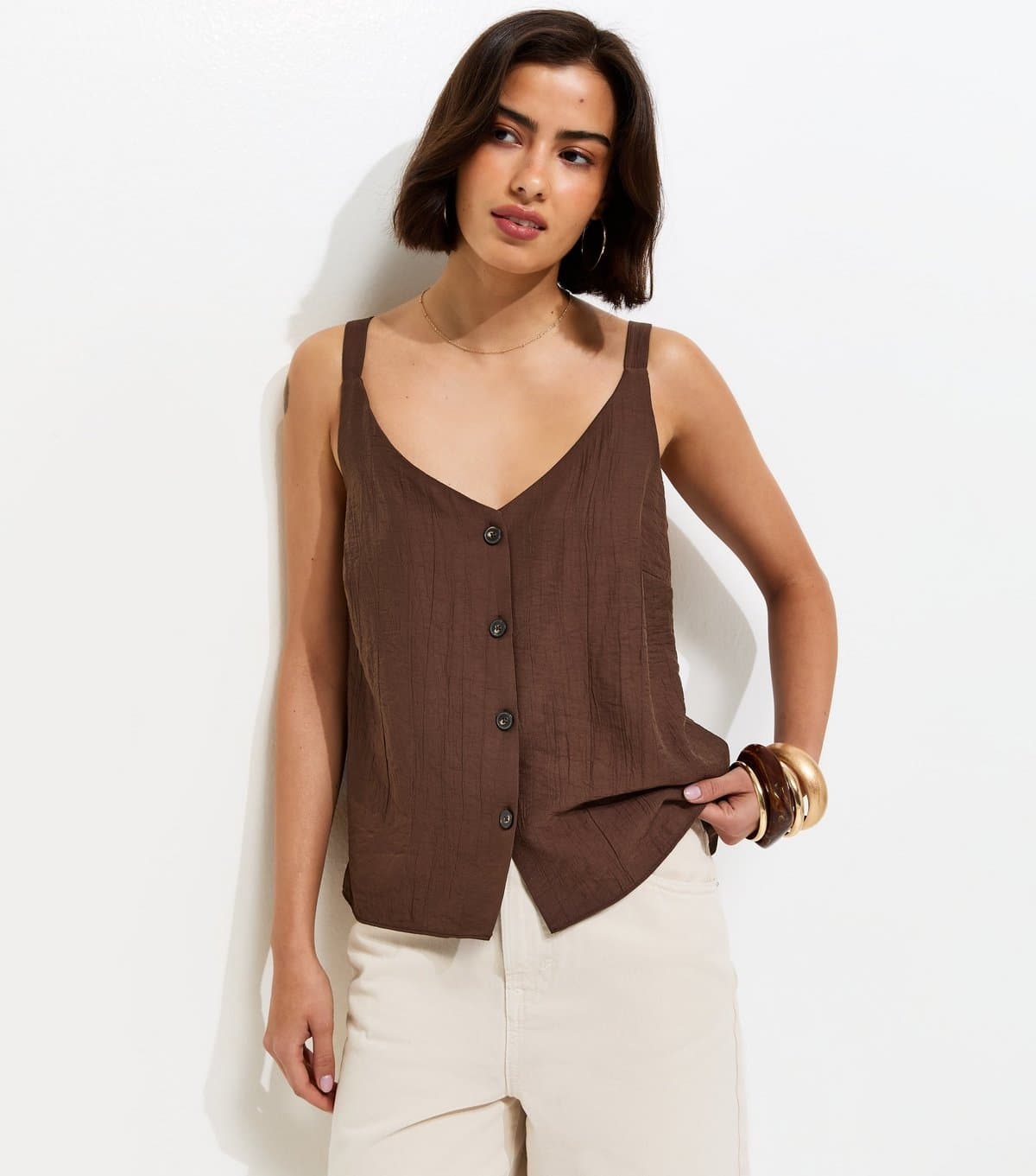 New Look New Look Dark Brown Button Front V-Neck Cami Top