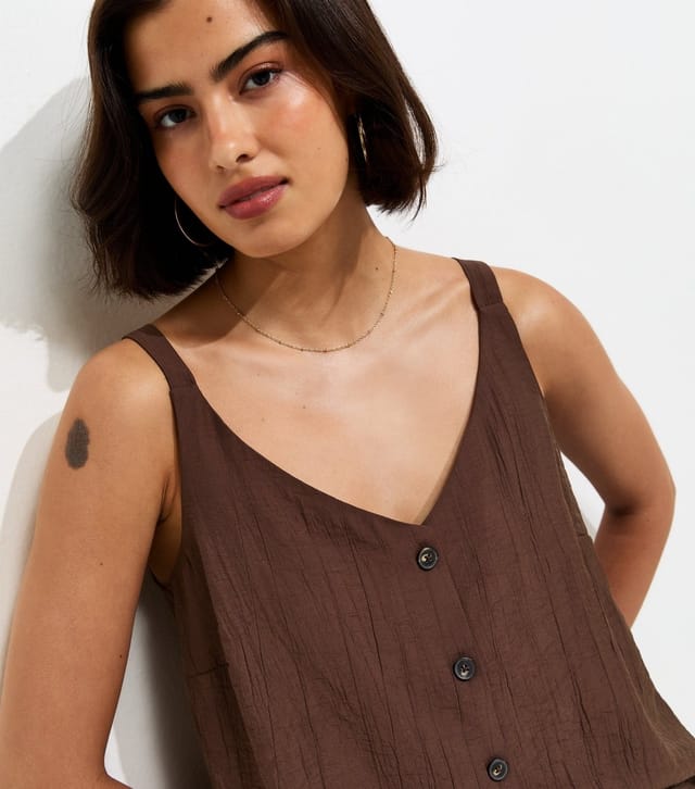 New Look Women's Dark Brown Button Front V-Neck Cami Top New Look - 2