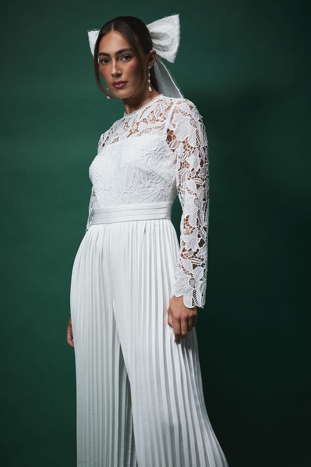 Coast Coast Women's Lisa Tan Lace Top Jumpsuit with Pleated Wide Leg Trouser in Oyster - 2