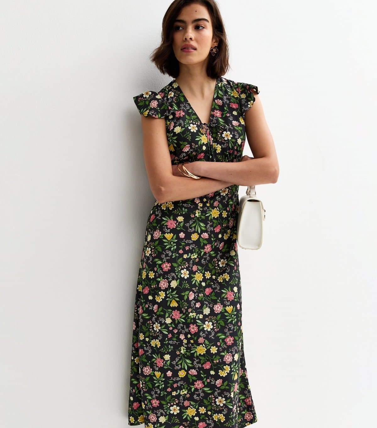 New Look Women's Black Floral Tie Front Midi Dress New Look
