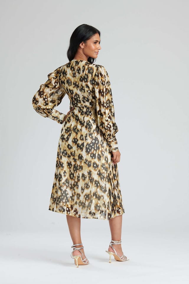 Finding Friday Finding Friday Women's Print Metallic Long Sleeve Wrap Dress in Brown - 3