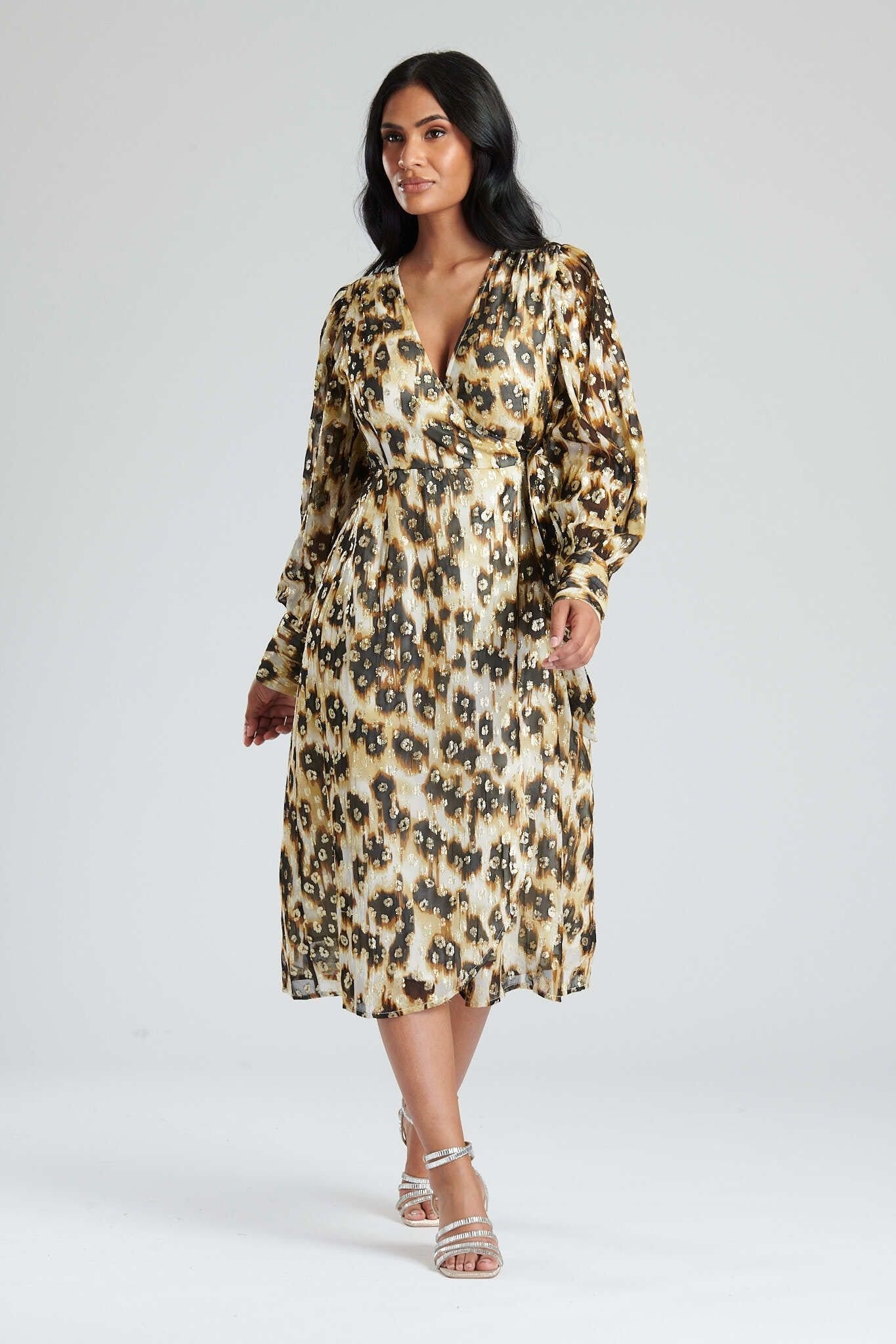 Finding Friday Finding Friday Women's Print Metallic Long Sleeve Wrap Dress in Brown - 4