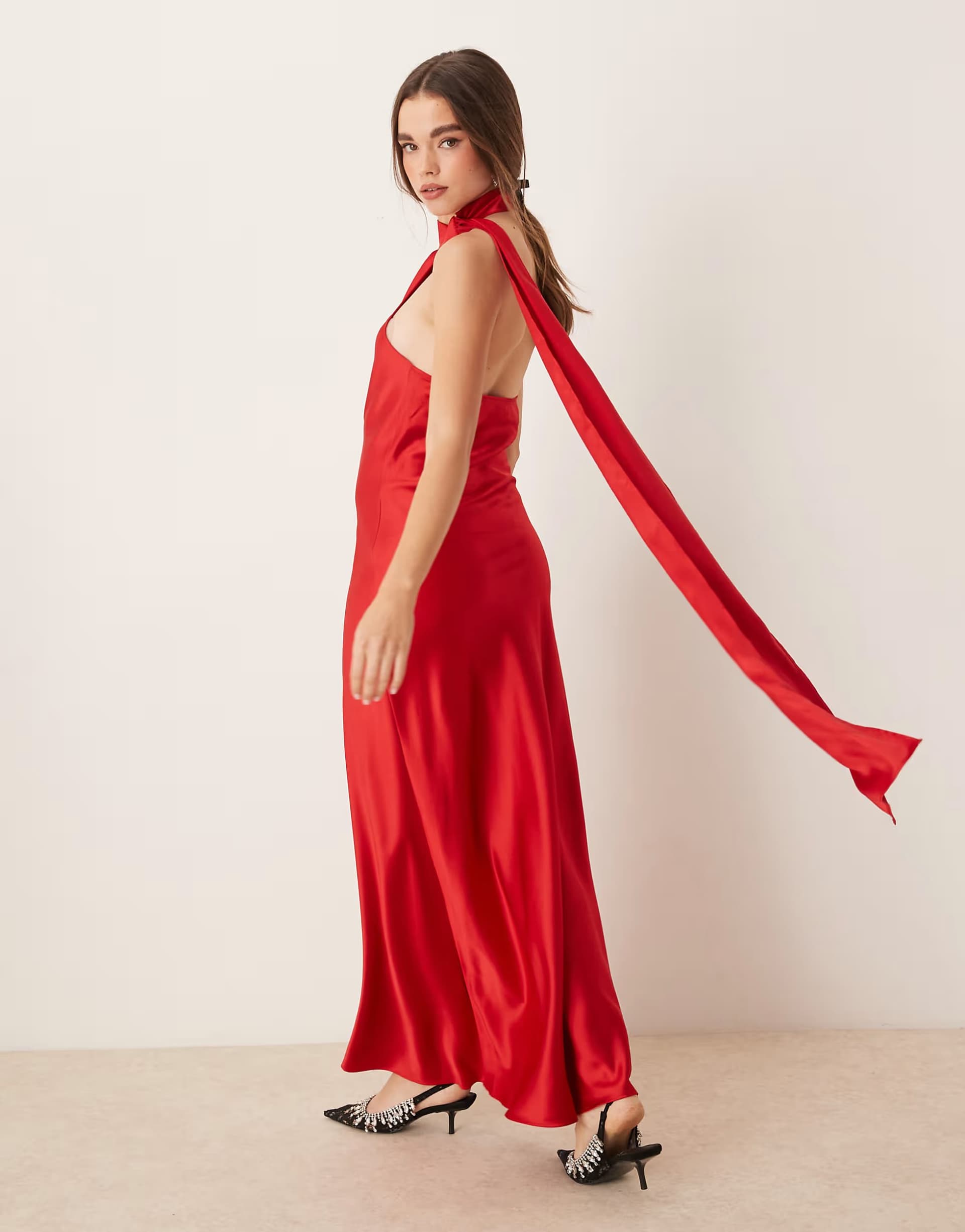 ASOS Gina Tricot satin drape detail one shoulder scarf neck maxi dress in red 