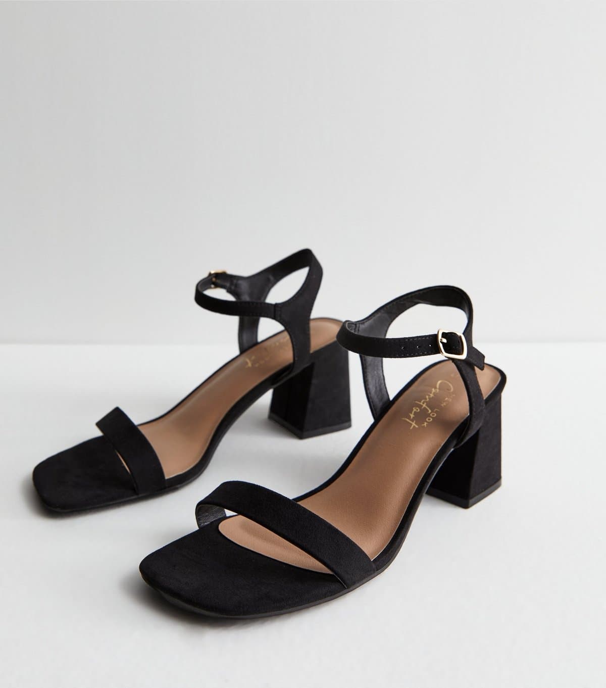 New Look Women's Black Suedette 2 Part Block Heel Sandals Vegan New Look