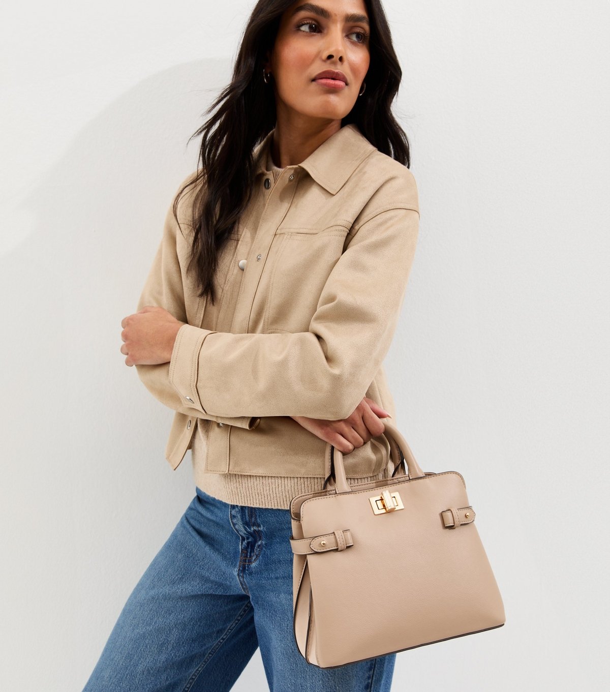 New Look Mink Faux Leather Gusset Turn Lock Top Handle Bag Vegan New Look - 2