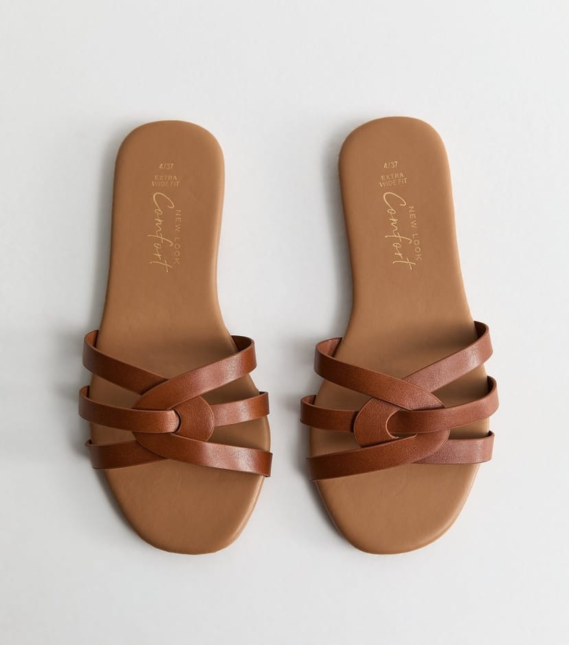 New Look Women's Extra Wide Fit Tan Faux Leather Interwoven Flat Mule Sandals Vegan New Look - 1