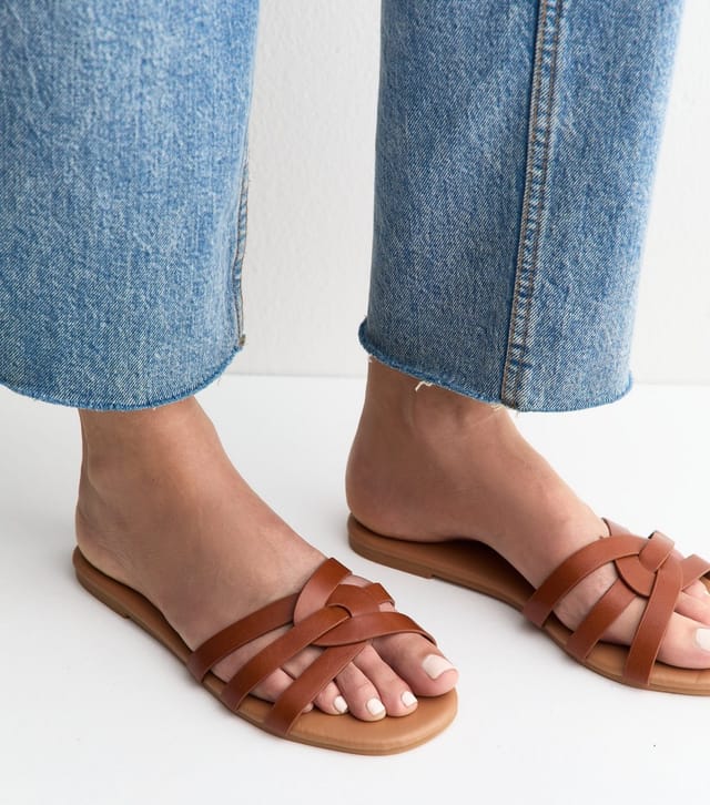 New Look Women's Extra Wide Fit Tan Faux Leather Interwoven Flat Mule Sandals Vegan New Look - 2