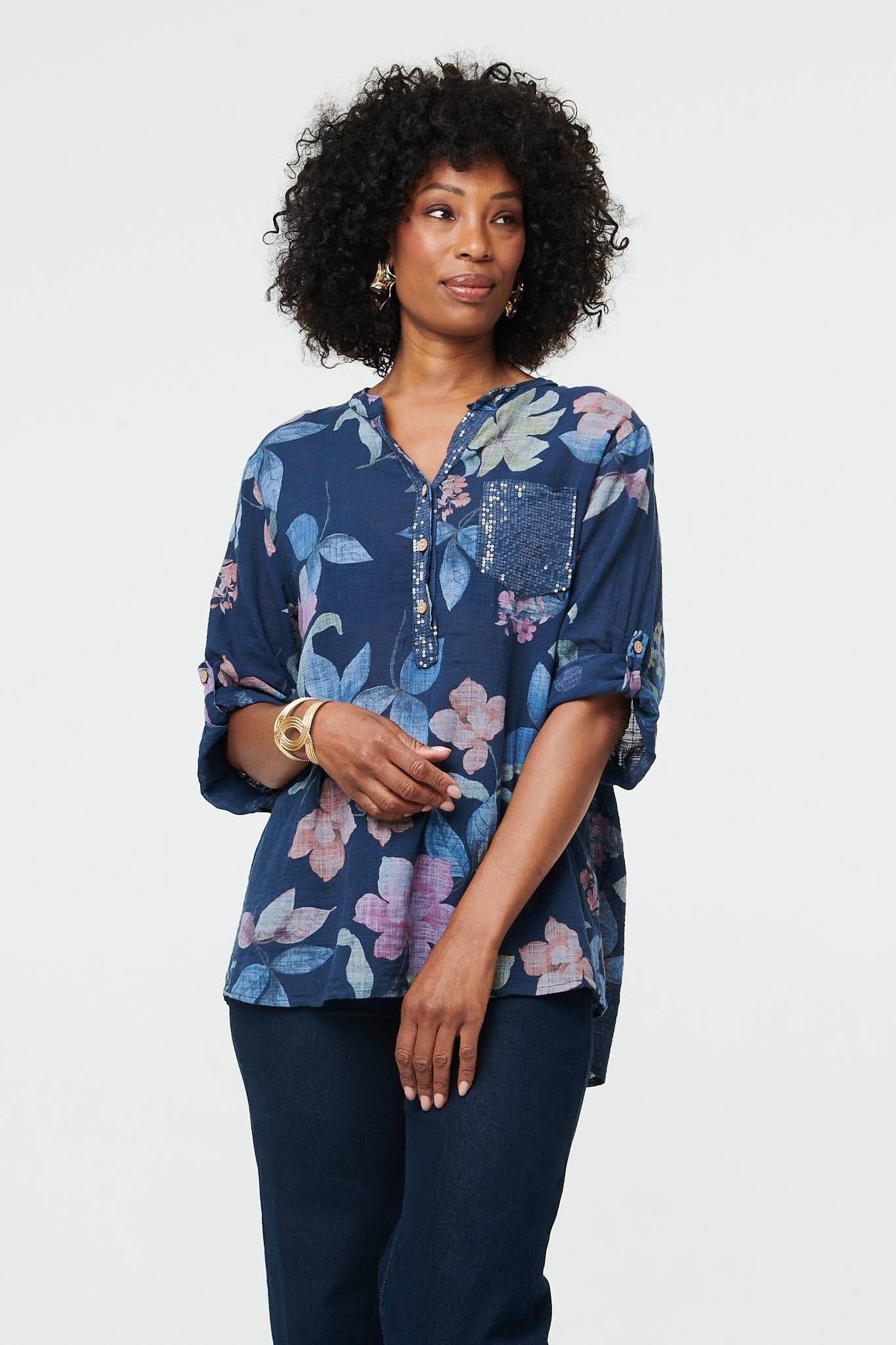 Izabel London Izabel London Women's Floral Curve Hem Turn-Up Sleeve Blouse in Blue