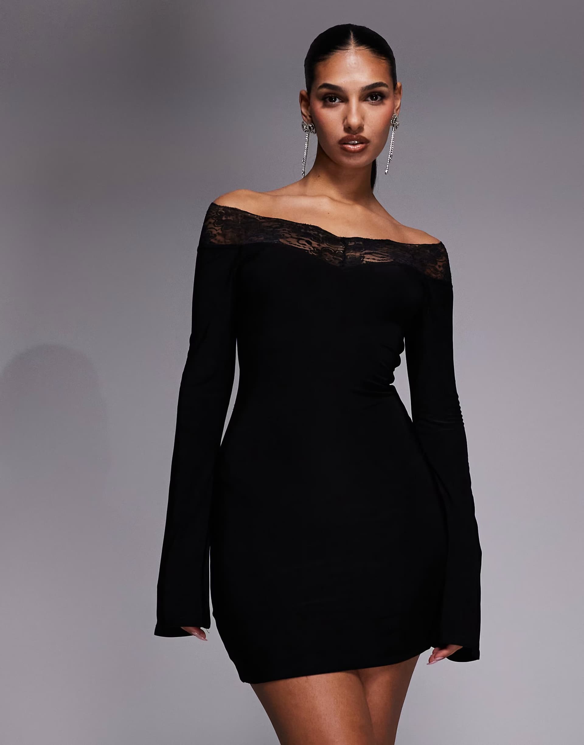 ASOS Fashionkilla exclusive slinky lace trim bardot flare sleeve mini dress in black