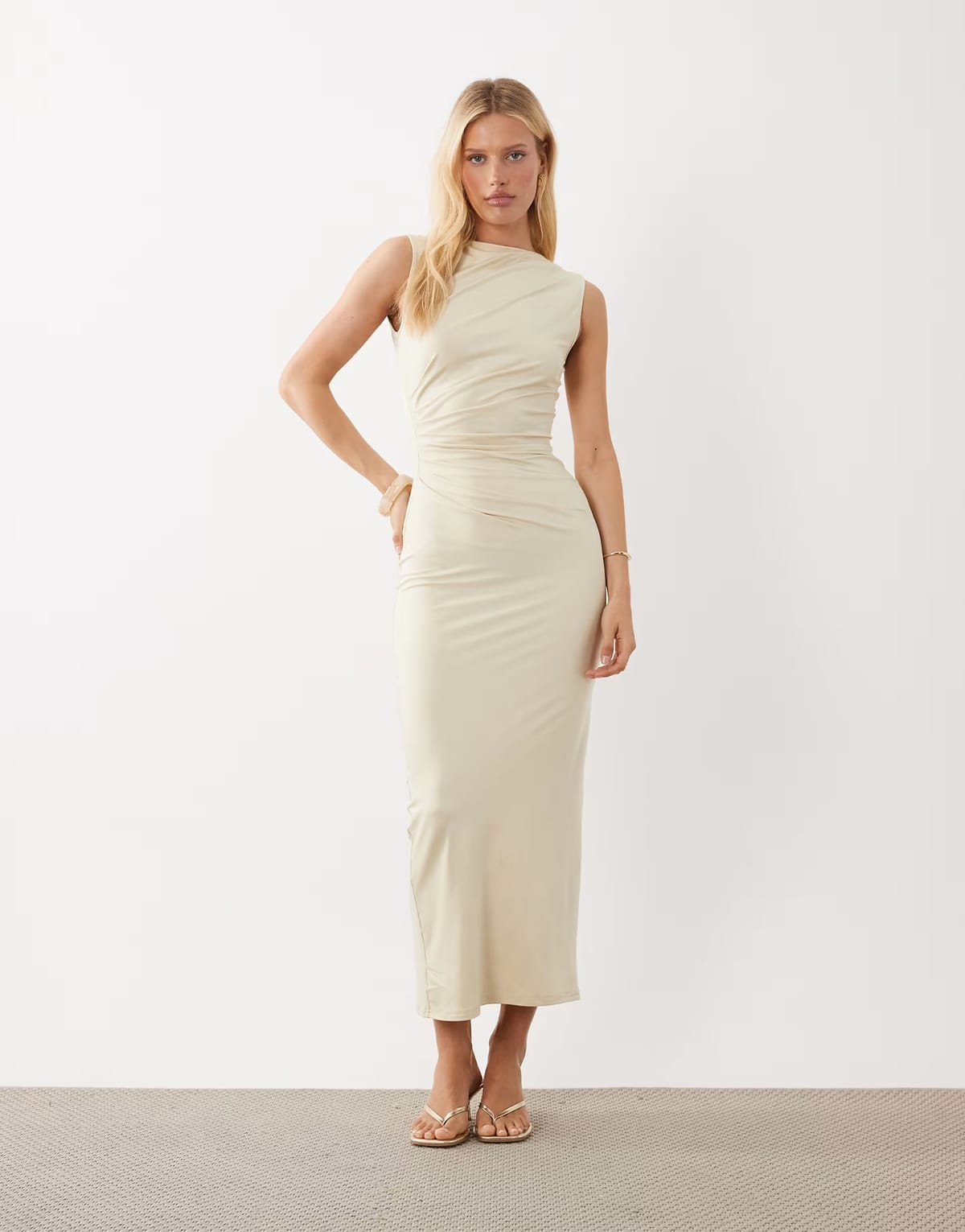 ASOS 4th & Reckless slinky sleeveless ruched waist detail slash neck maxi dress in cream - 1
