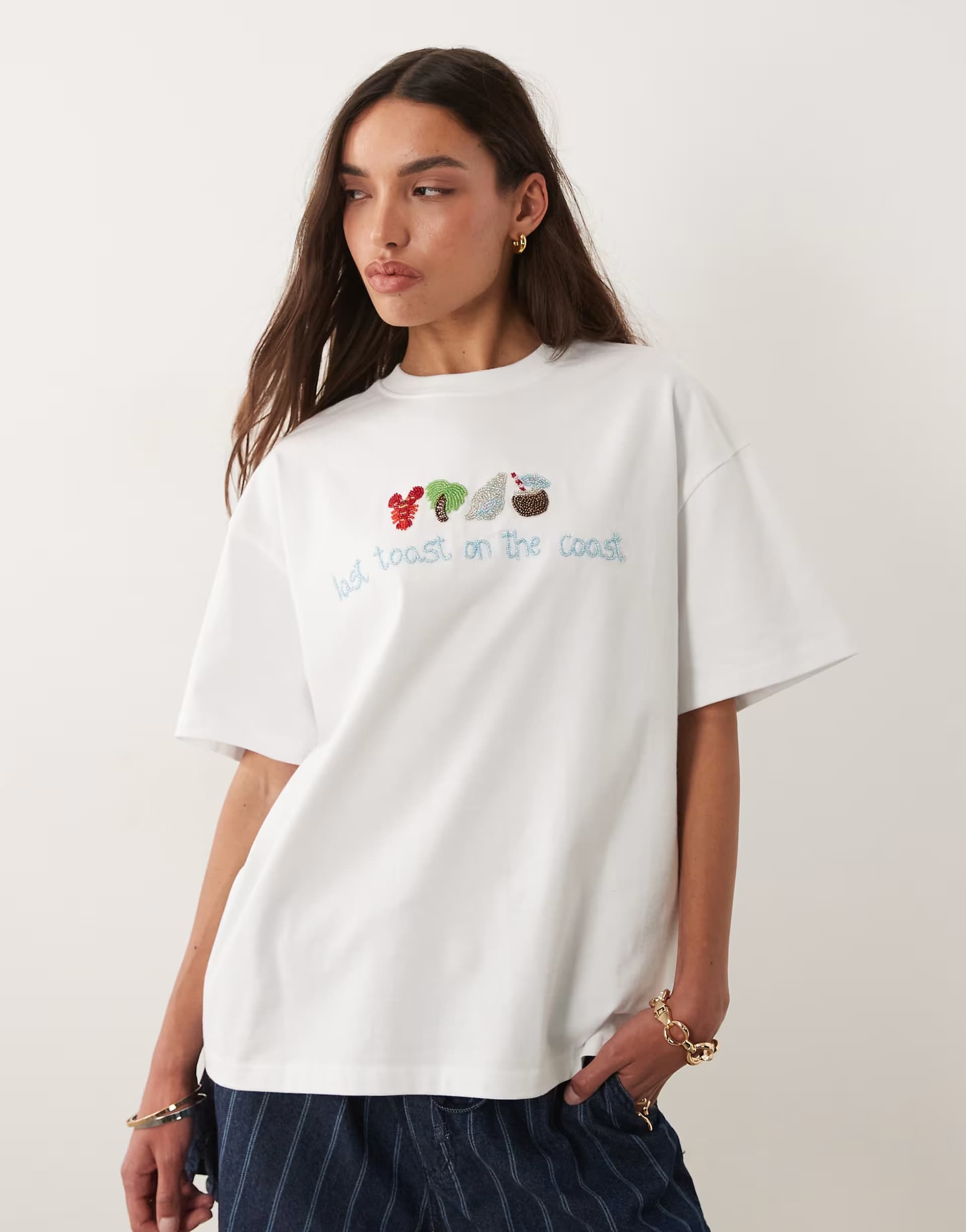 ASOS Six Stories Bridal embellished beaded ""last toast on the coast"" t-shirt in white