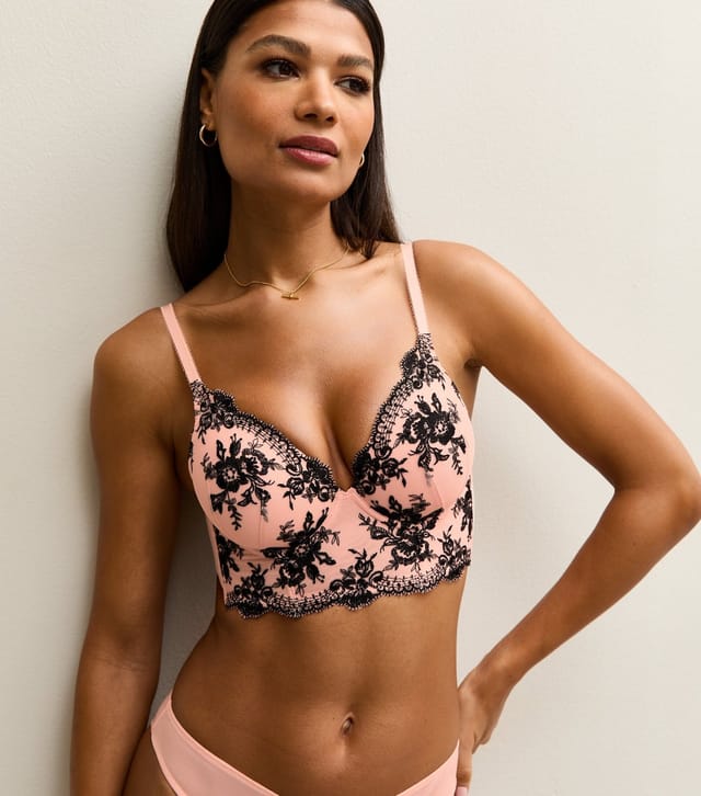 New Look Women's Pink Floral Print Eyelash Lace Trim Longline T-Shirt Bra New Look - 2