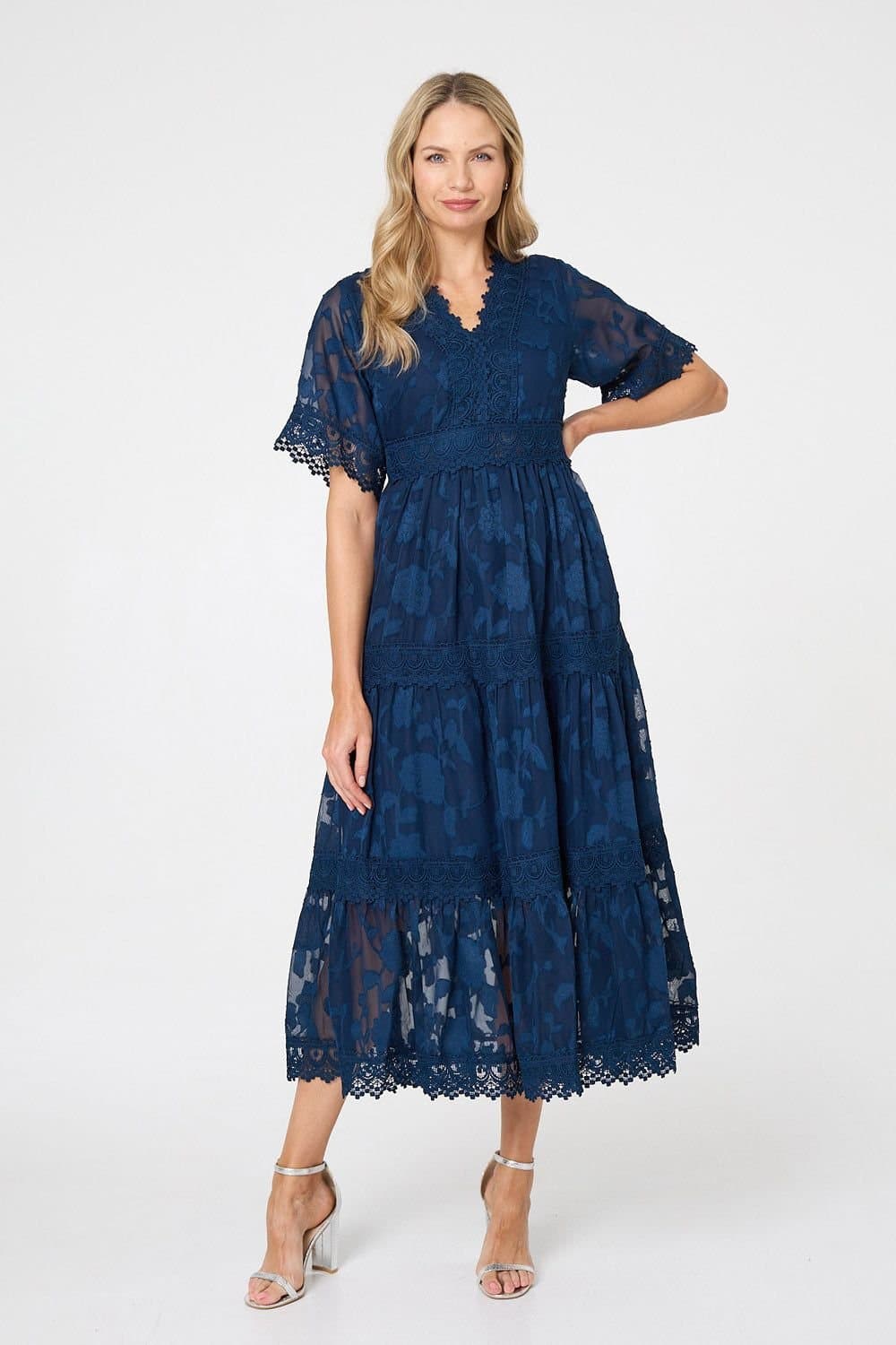 Izabel London Izabel London Women's Floral Lace Frill 1/2 Sleeve Midi Dress in Blue
