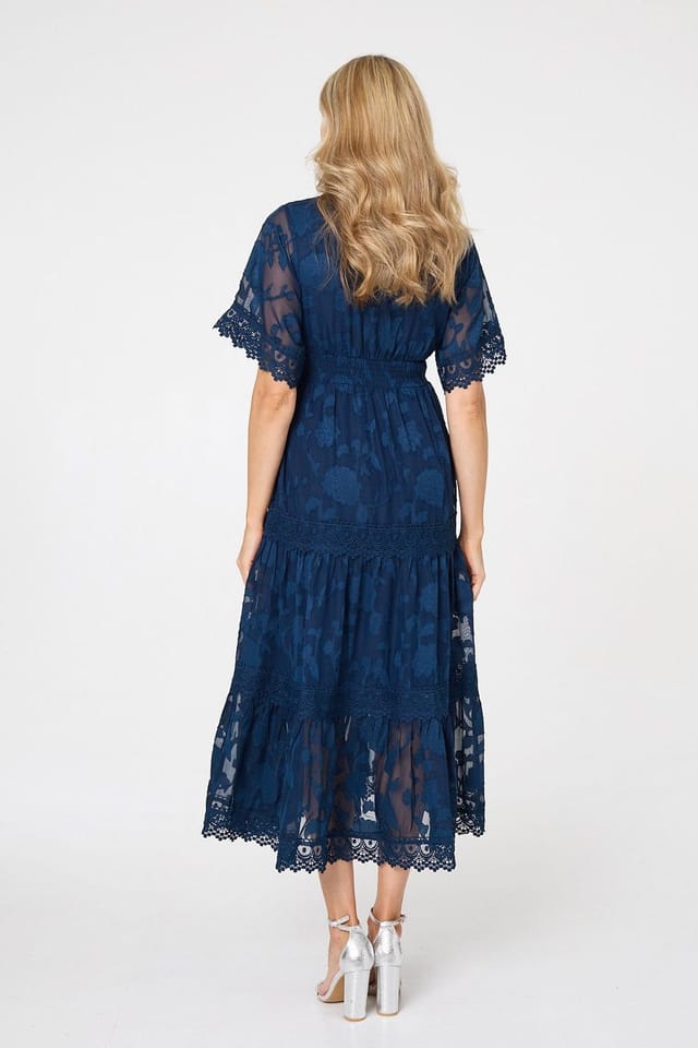 Izabel London Izabel London Women's Floral Lace Frill 1/2 Sleeve Midi Dress in Blue - 2