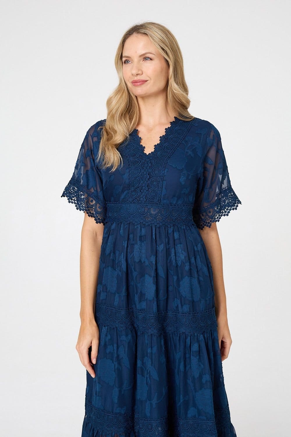Izabel London Izabel London Women's Floral Lace Frill 1/2 Sleeve Midi Dress in Blue - 4