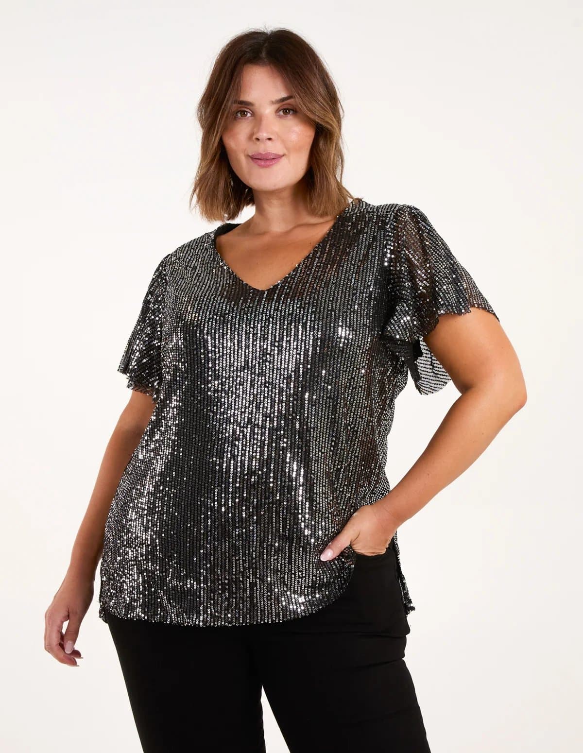 Blue Vanilla Curve Angel Sleeve V-Neck Sequin Top