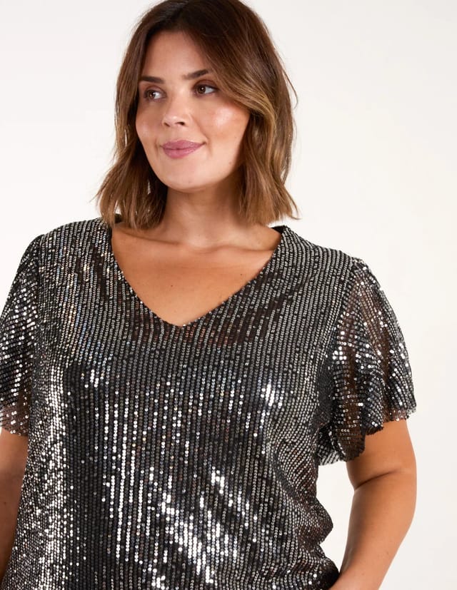 Blue Vanilla Curve Angel Sleeve V-Neck Sequin Top - 2