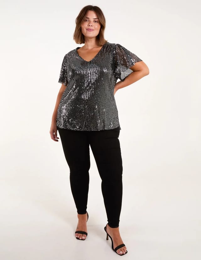 Blue Vanilla Curve Angel Sleeve V-Neck Sequin Top - 3