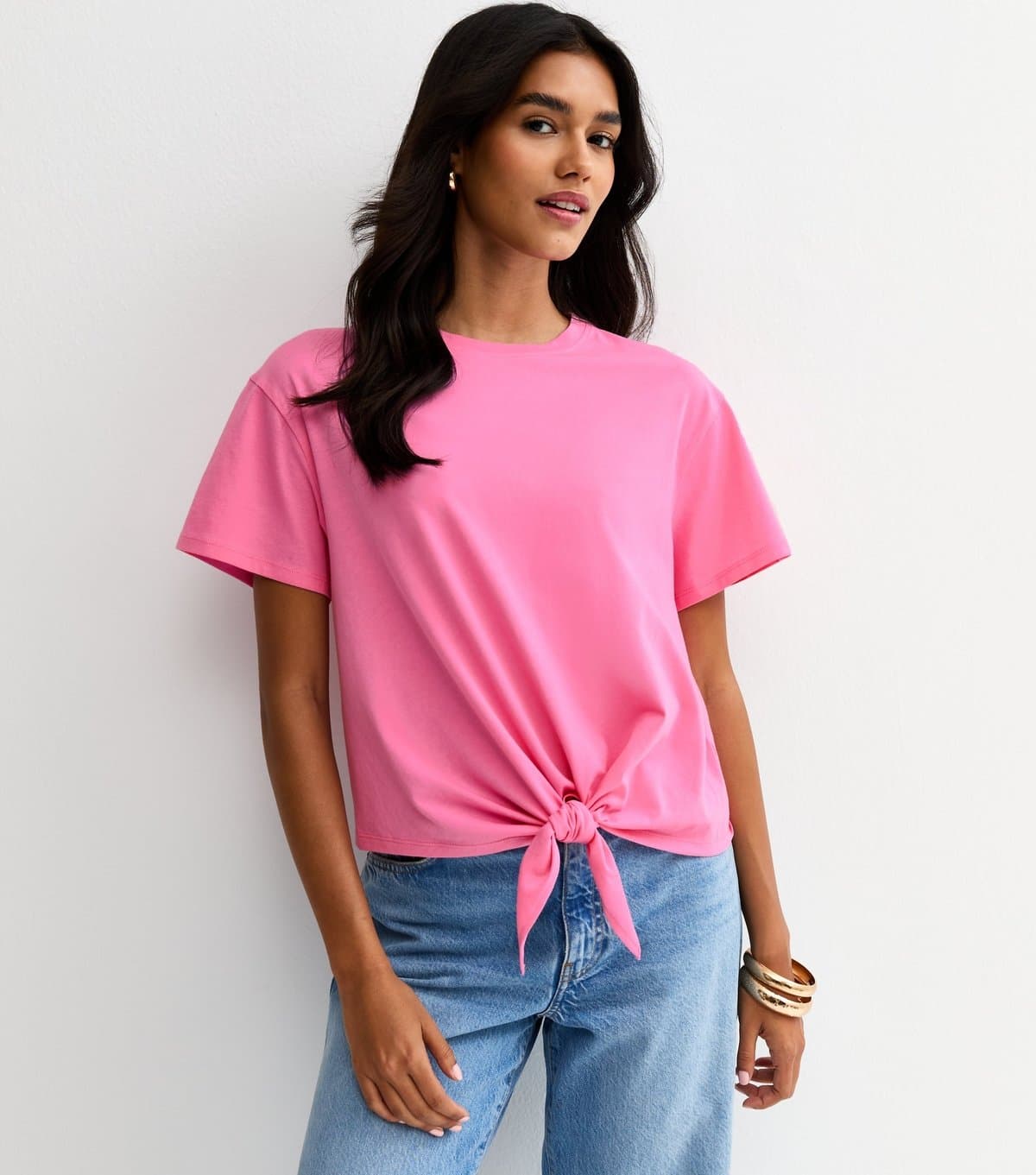 New Look Women's Bright Pink Tie Front T-Shirt New Look