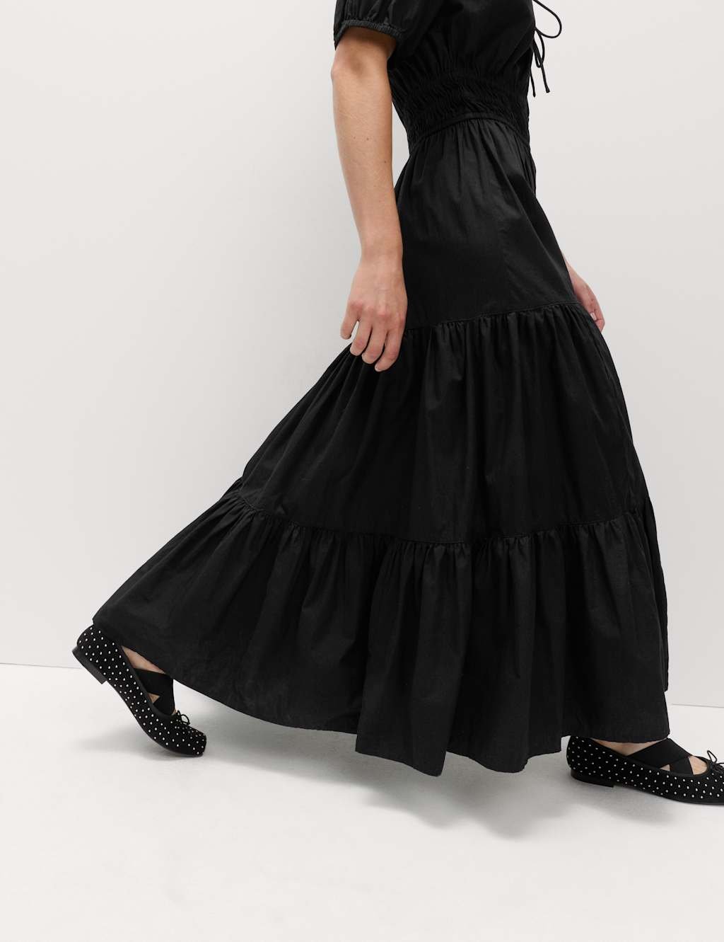 Marks & Spencer M&S Pure Cotton Tie Neck Midaxi Waisted Dress Black - 2