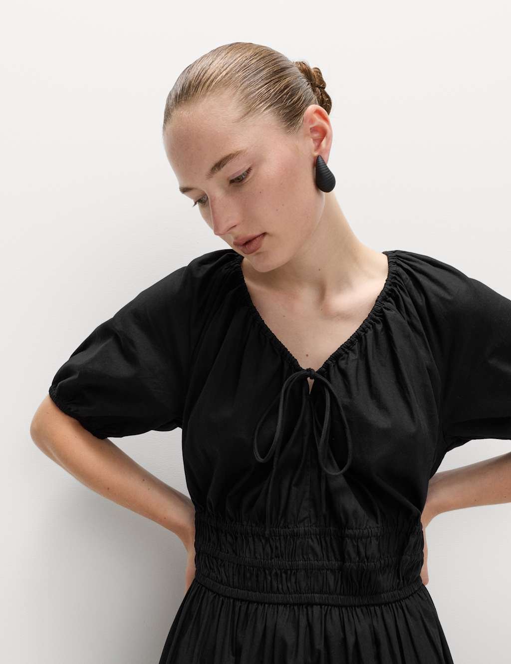 Marks & Spencer M&S Pure Cotton Tie Neck Midaxi Waisted Dress Black - 3