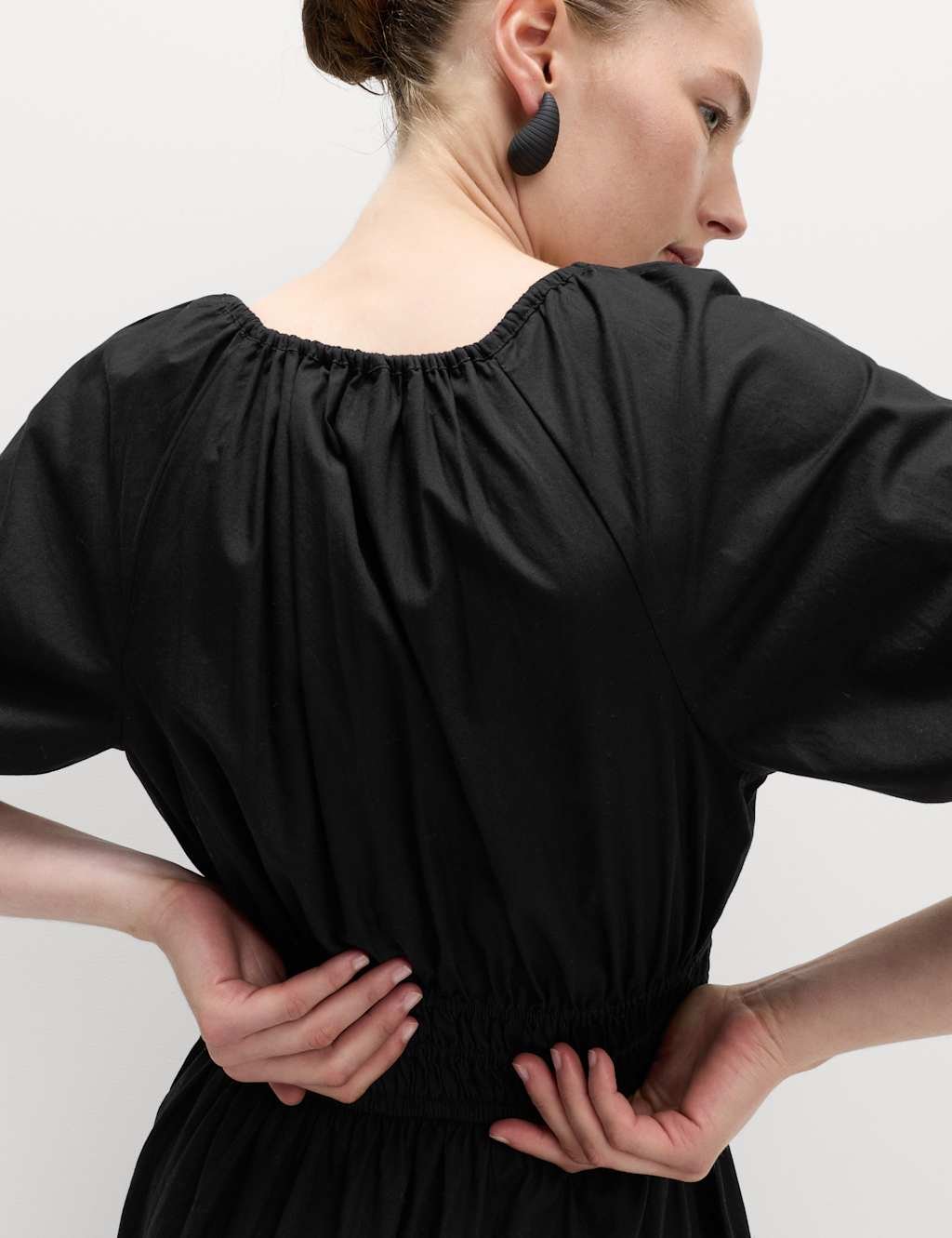 Marks & Spencer M&S Pure Cotton Tie Neck Midaxi Waisted Dress Black - 4