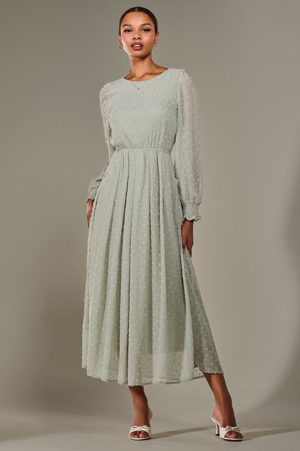 Jolie Moi Jolie Moi Women's Long Sleeve Chiffon Midaxi Dress in Light Green - 2