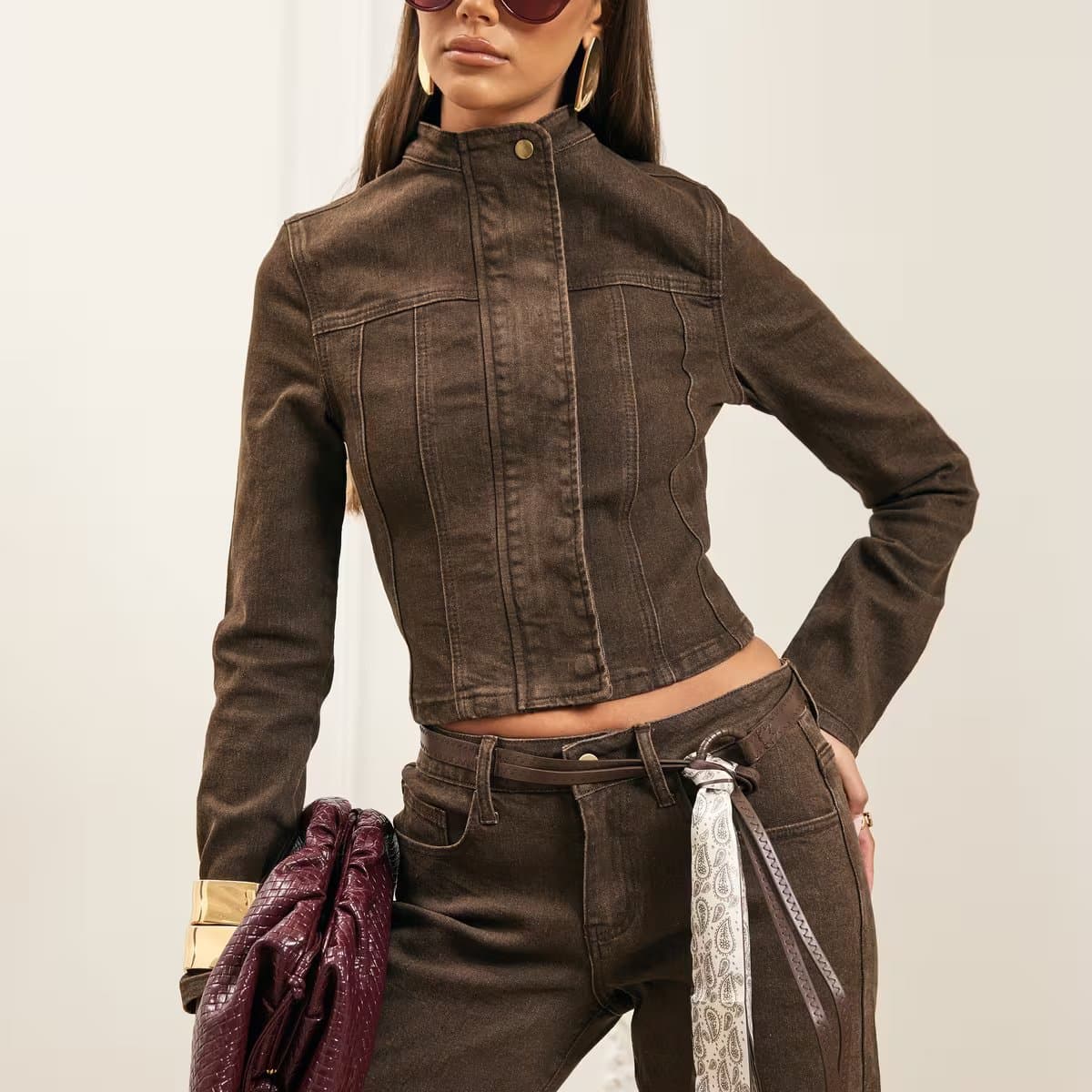EGO Long Sleeve Cinched Waist Fitted Jacket In Chocolate Brown Denim, Women's Size UK 6