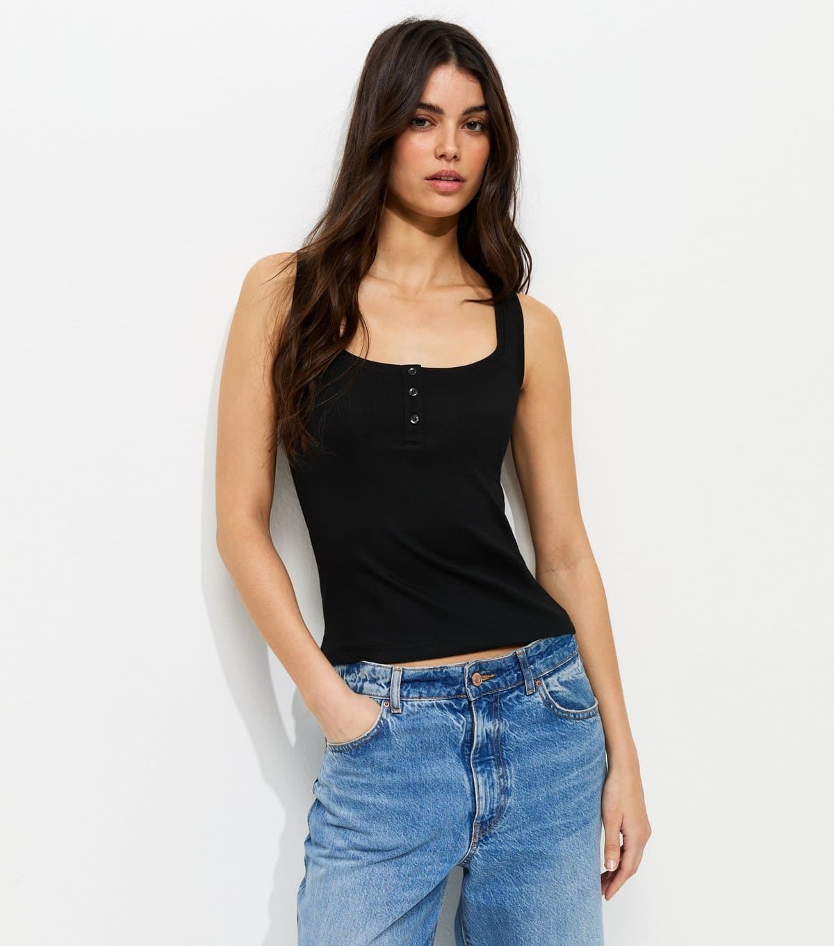 New Look Women's Black Square Neck Button Front Vest Top New Look