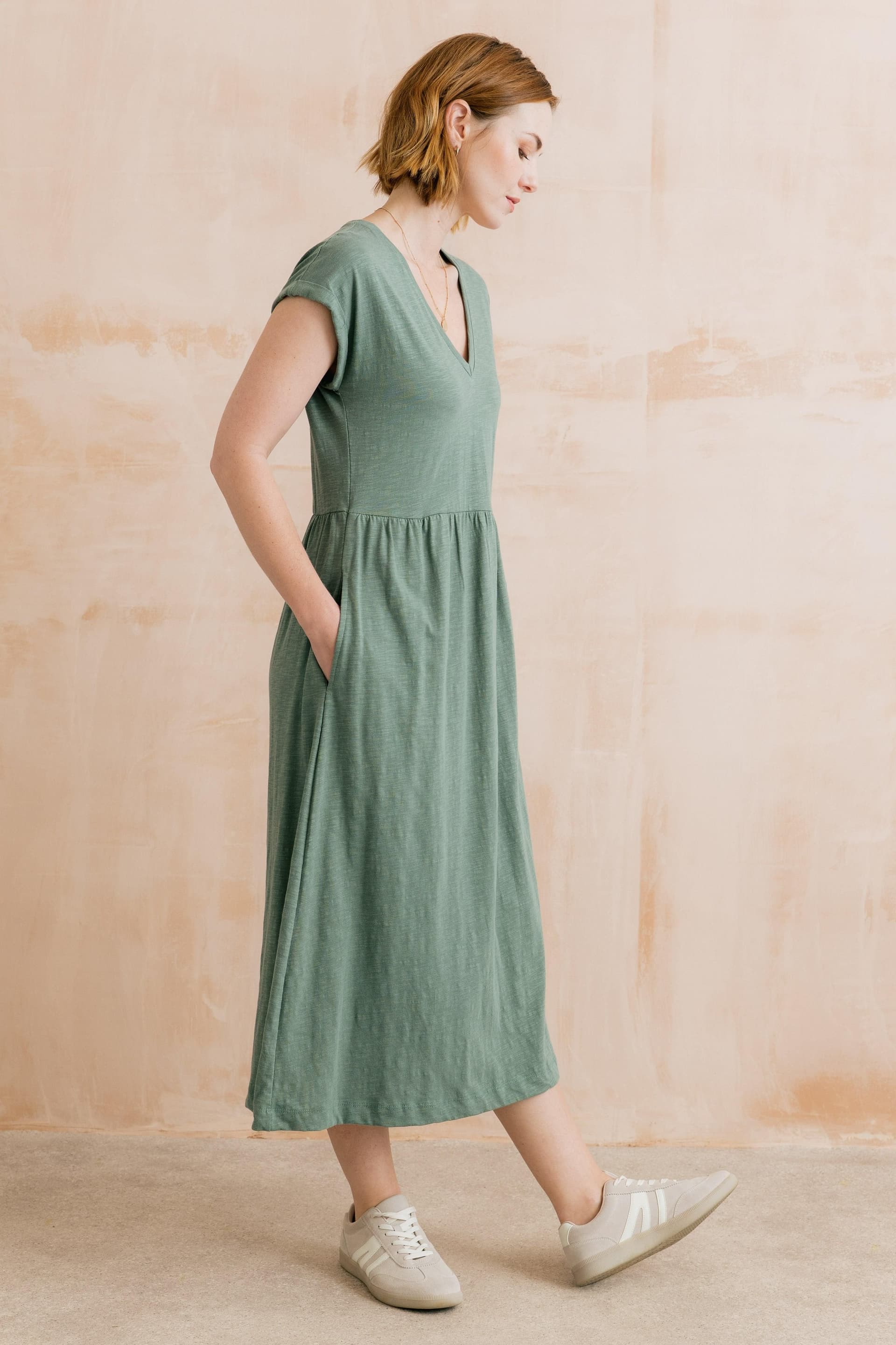 Lily & Me Lily & Me Women's Shine Relaxed Fit Cotton Raglan Capped Sleeve Dress with V-neckline in Pale Green