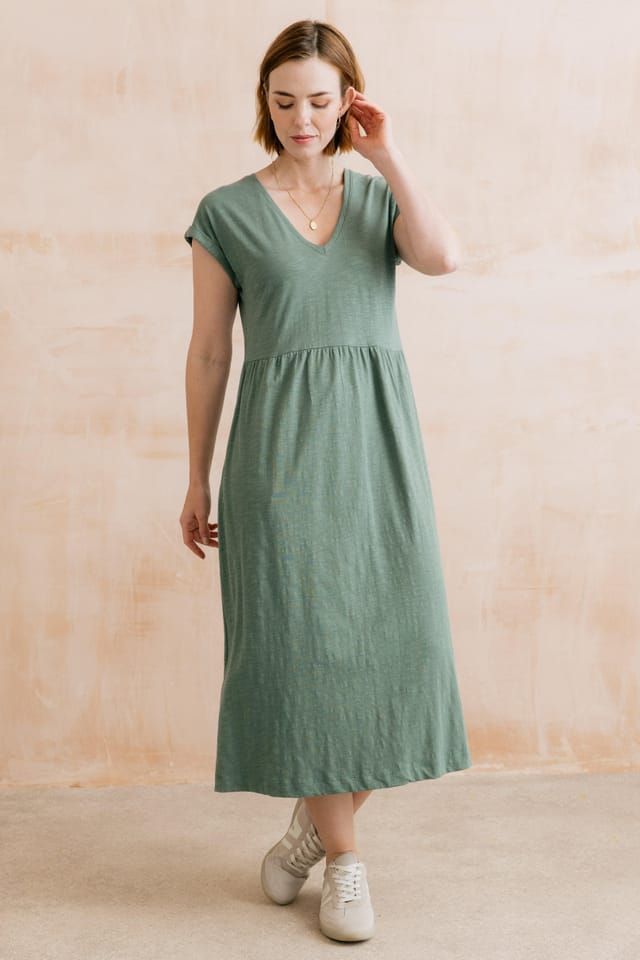 Lily & Me Lily & Me Women's Shine Relaxed Fit Cotton Raglan Capped Sleeve Dress with V-neckline in Pale Green - 2