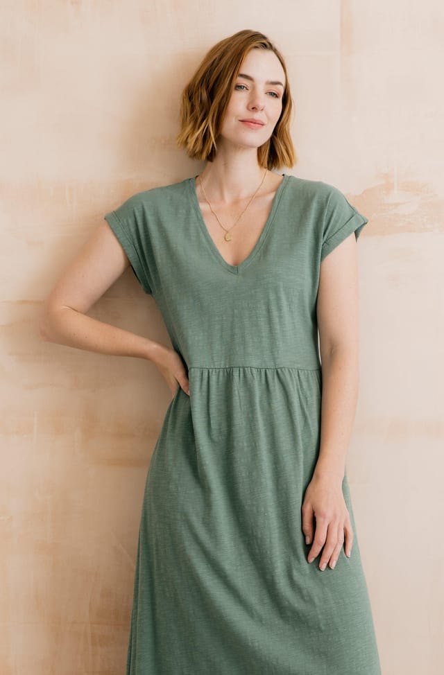 Lily & Me Lily & Me Women's Shine Relaxed Fit Cotton Raglan Capped Sleeve Dress with V-neckline in Pale Green - 3