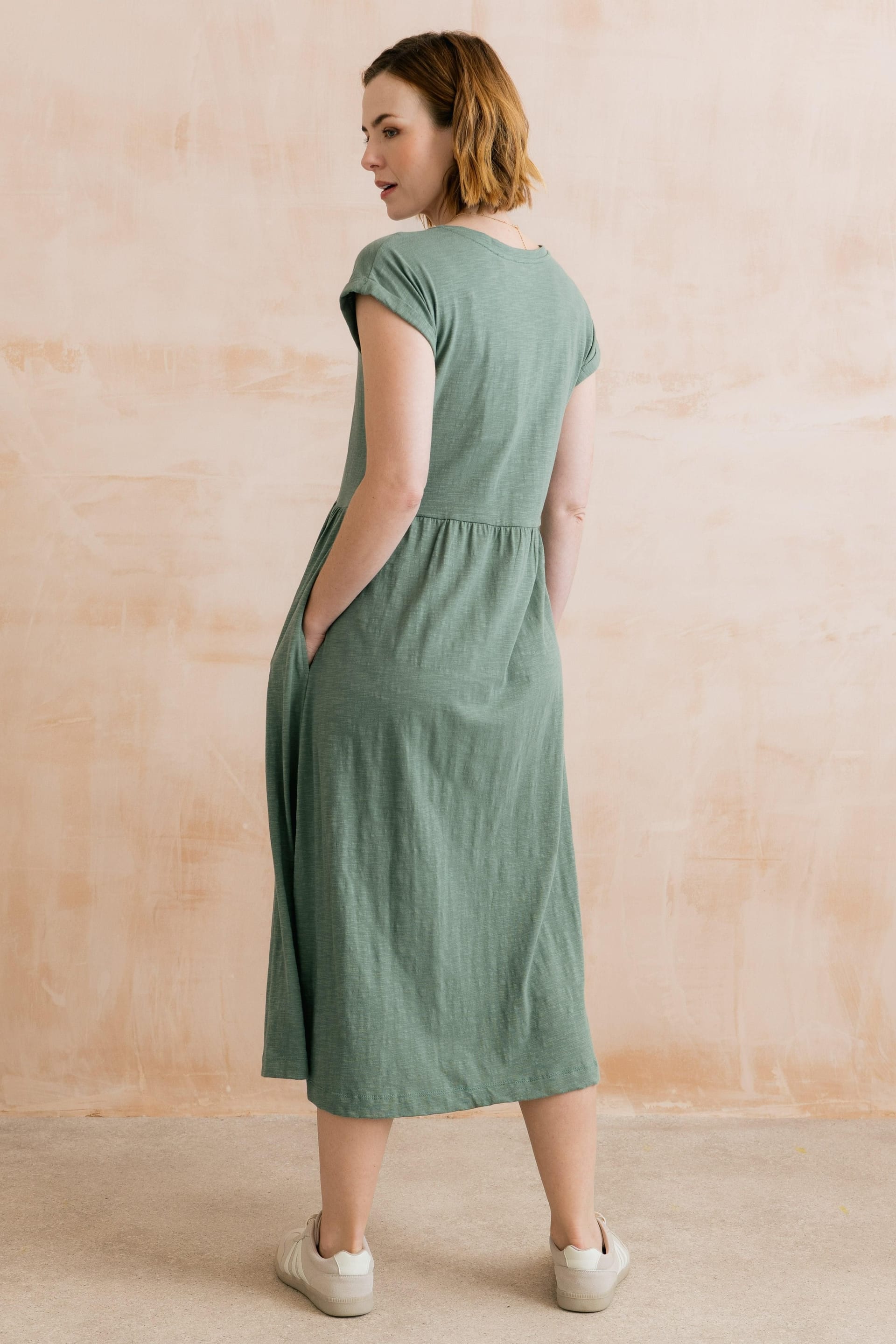 Lily & Me Lily & Me Women's Shine Relaxed Fit Cotton Raglan Capped Sleeve Dress with V-neckline in Pale Green - 4
