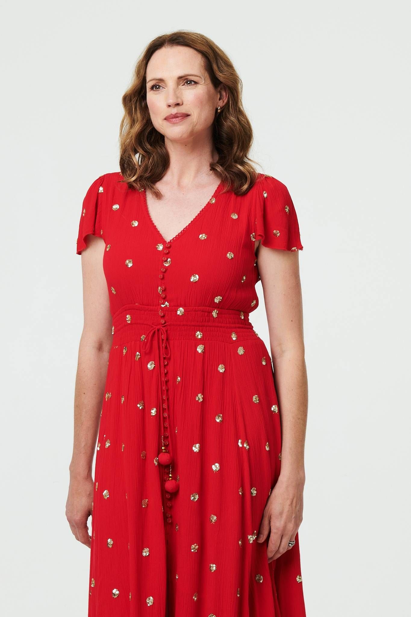 Izabel London Izabel London Women's Sparkly Cap Sleeve Tassel Tie Maxi Dress in Red - 2