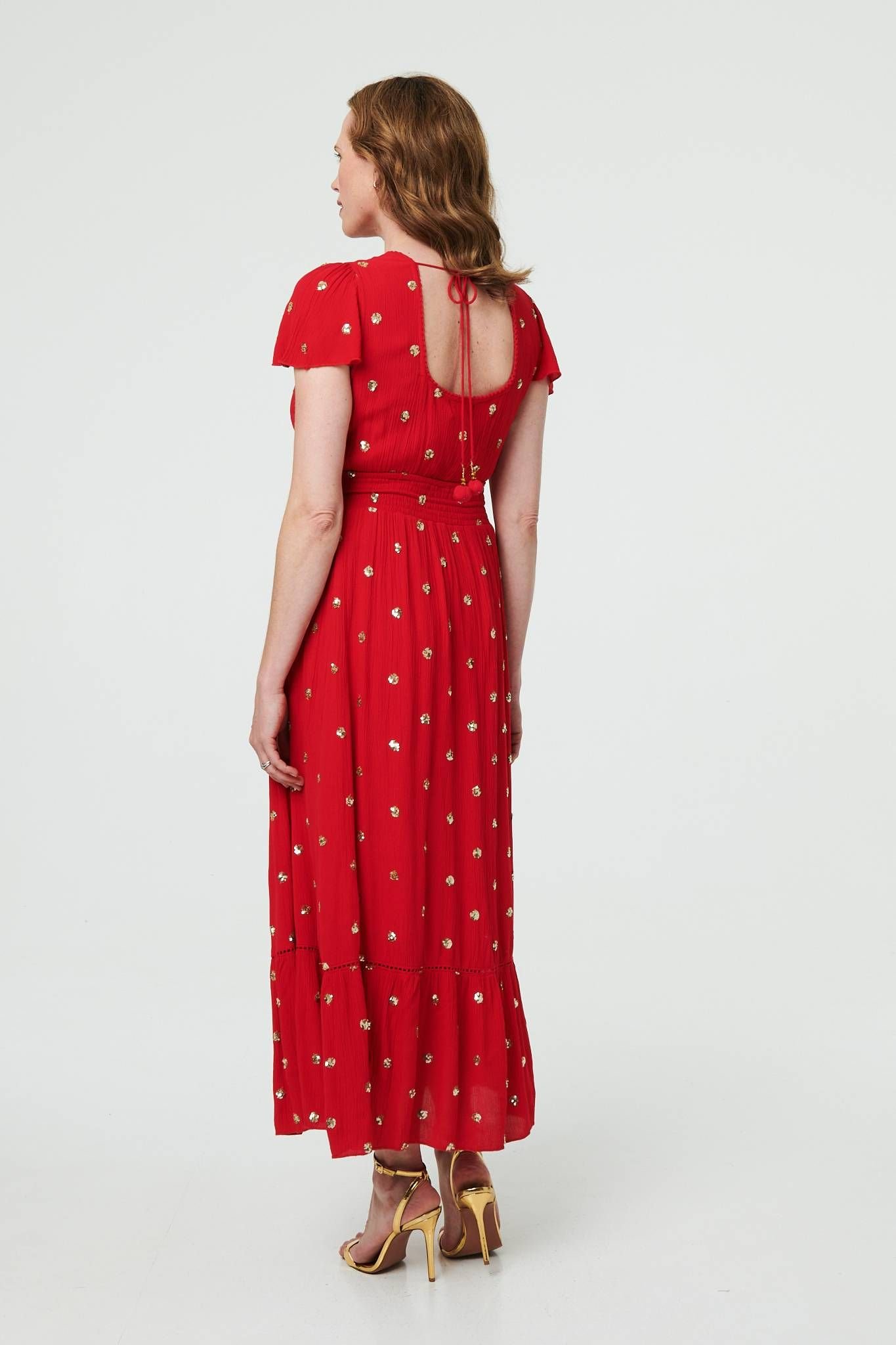 Izabel London Izabel London Women's Sparkly Cap Sleeve Tassel Tie Maxi Dress in Red - 3