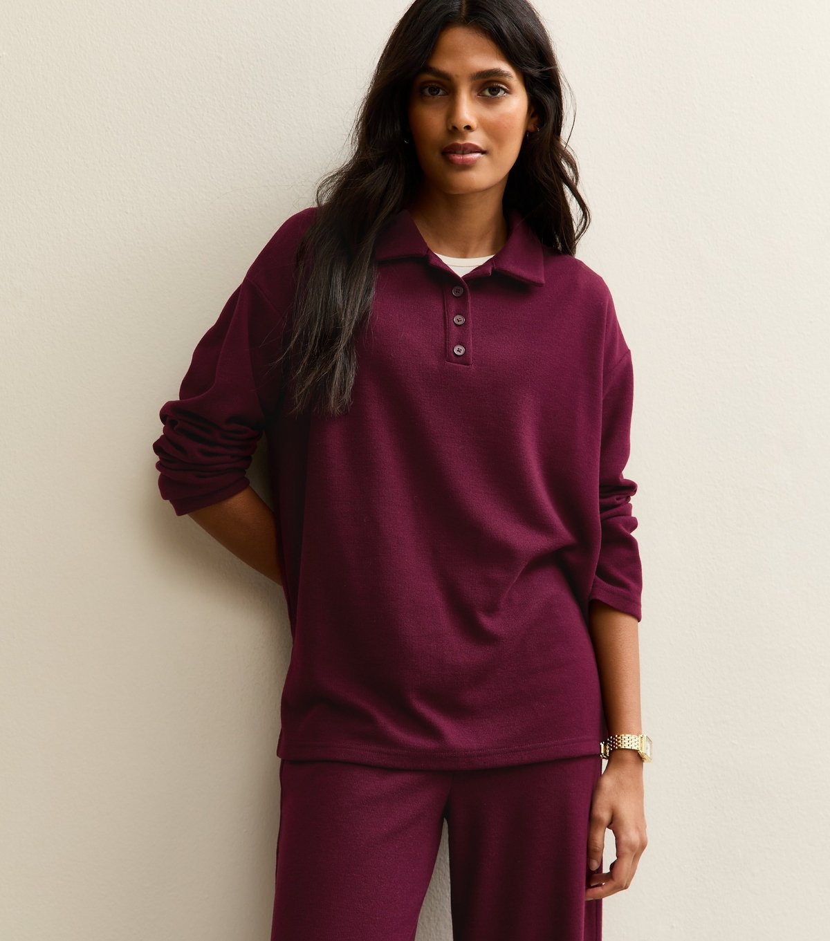New Look Women's Dark Burgundy Soft Touch Longline Button Up Polo Top New Look - 2