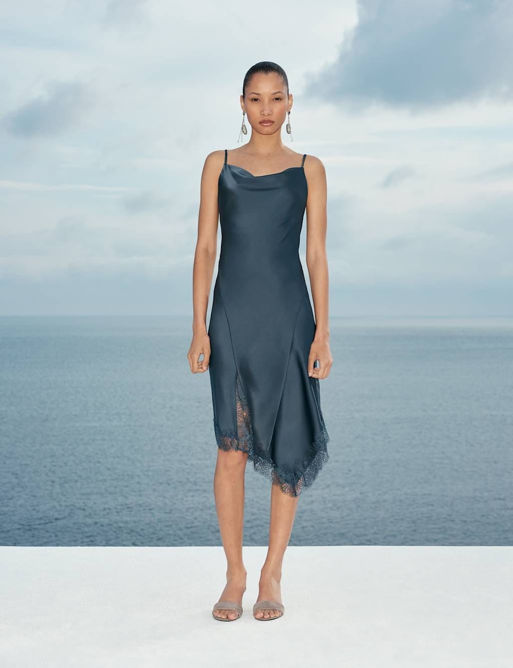 M&S Dark Slate Satin Cowl Neck Lace Trim Midi Slip Dress